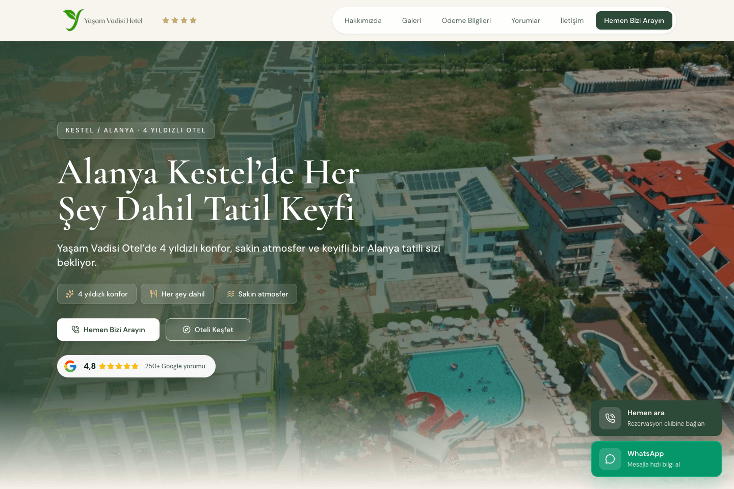 Yaşam Vadisi Otel web sitesinin ekran görüntüsü