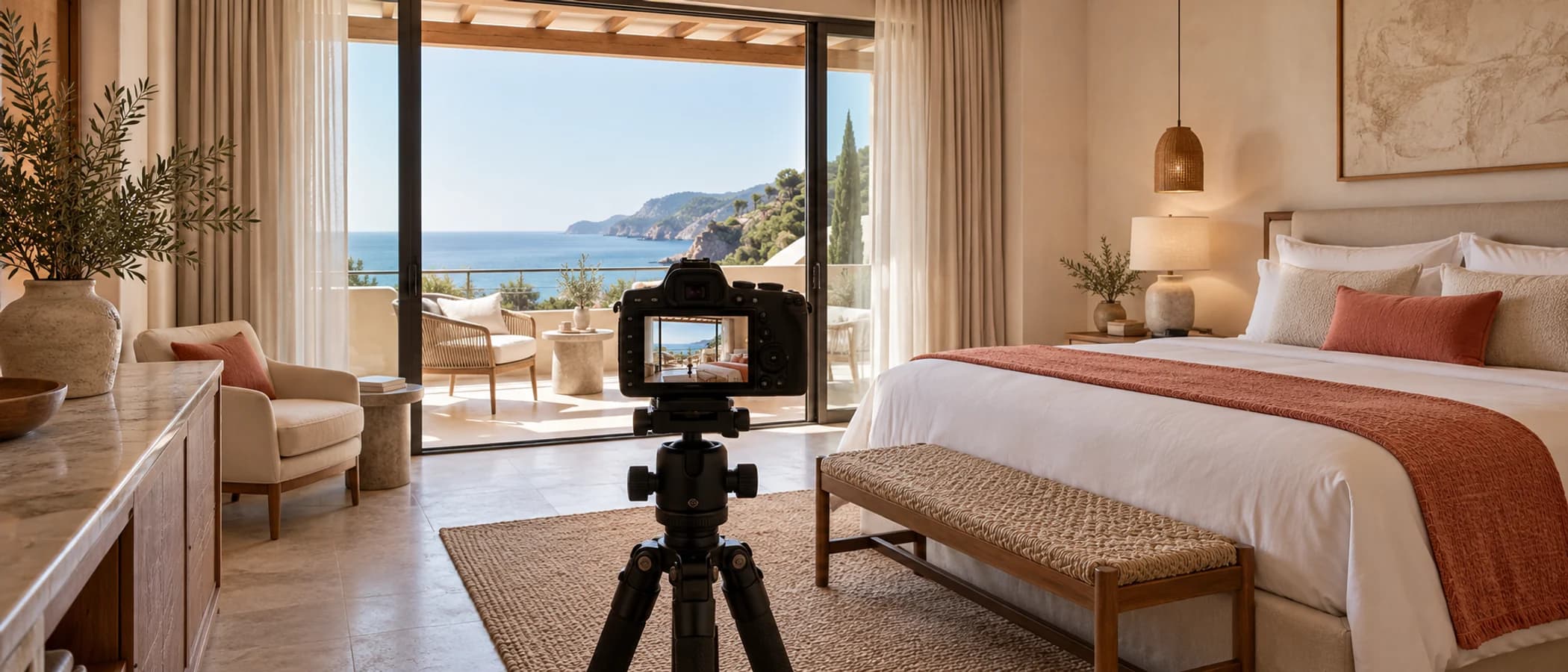 Otel odasının yatak ve balkonunu kadraja alan tripod üzerindeki fotoğraf makinesi.