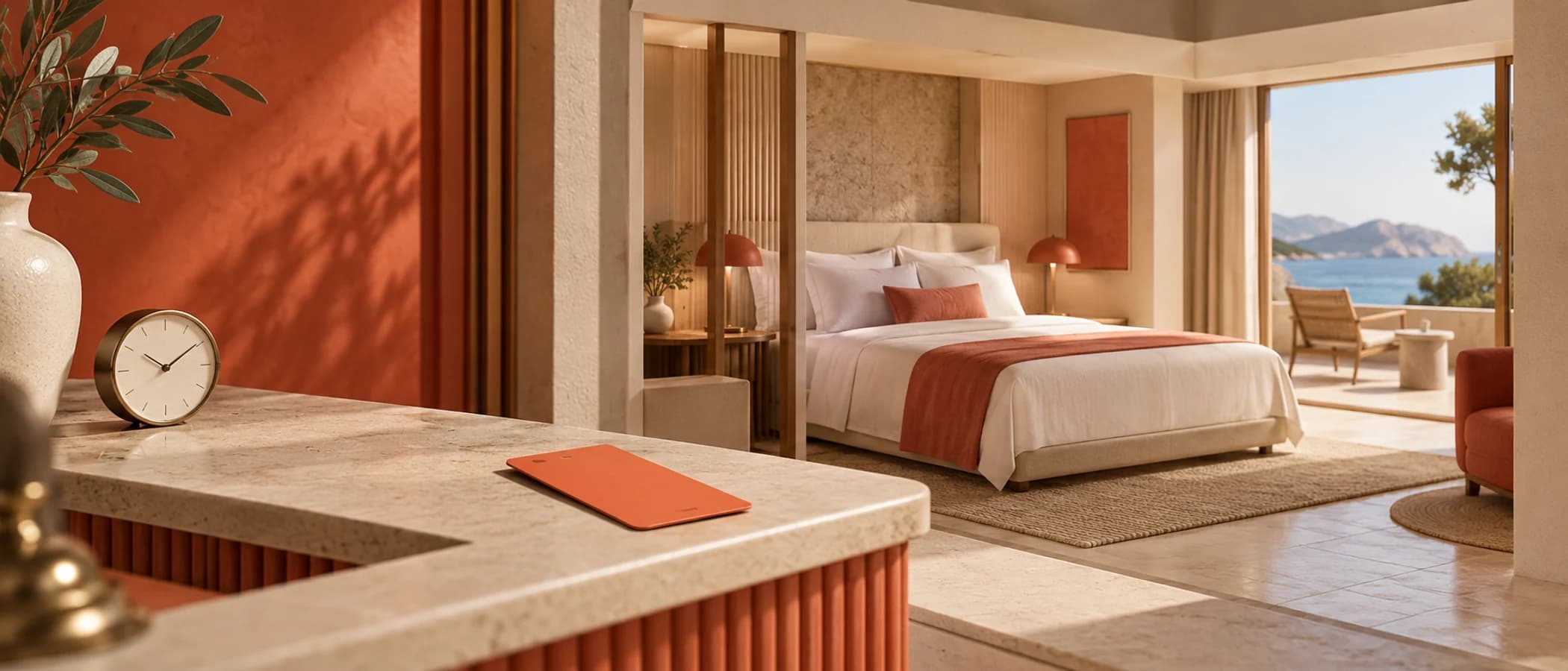 Boş otel odasının önündeki bankoda kullanılmamış mercan renkli kart ve masa saati.