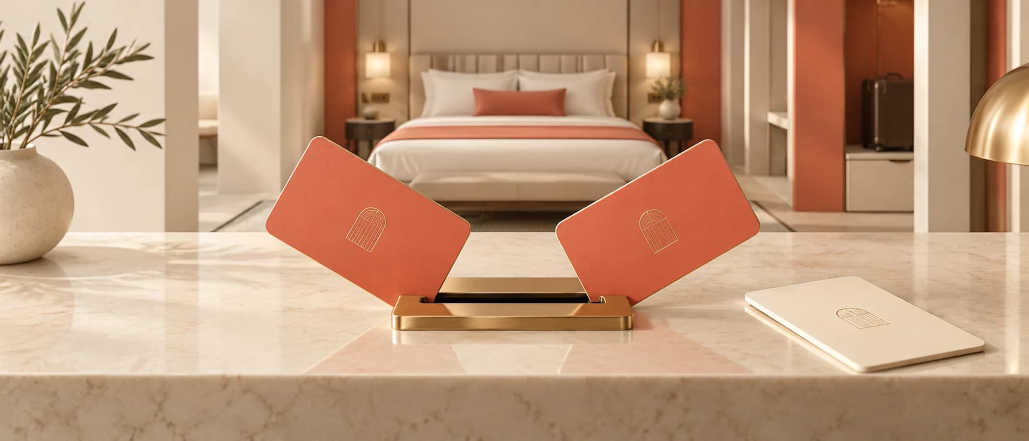 Otel odasının önündeki bankoda tek pirinç yuvaya yönelen iki mercan anahtar kartı ve yedek beyaz kart.